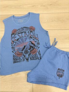 Weekend Soul Boho Western Festival Blue Sleeveless Graphic Pajama Set M